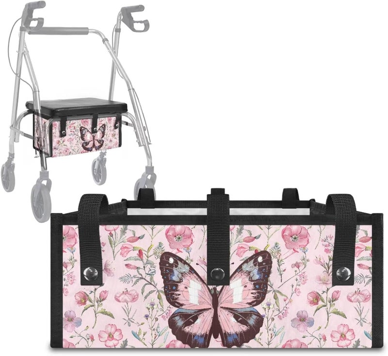 LedBack Rollator Walker Seat and Backrest Covers Walker Accessories for 3 Pcs, Pink Floral Butterflies Under Seat Bag for Four Wheel Rollator, Easy to Install - Image 3
